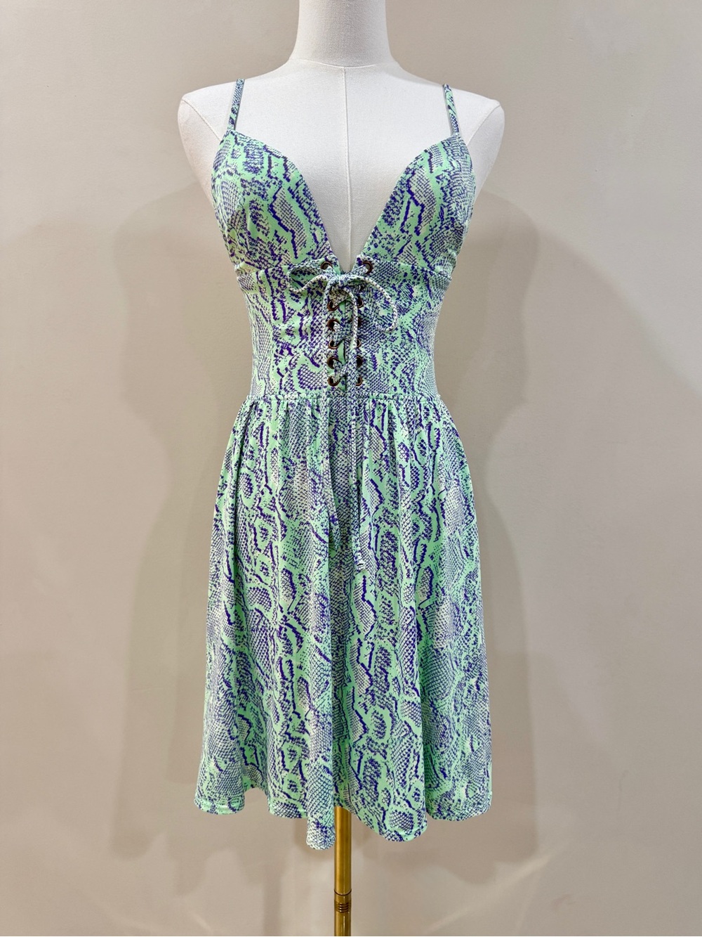 Maaji Lace-Up Mini Dress Size S Green Purple Snake Print Y2K